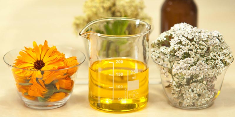 Calendula and Other Natiural Herbs with a Beaker of Oil