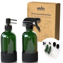 Green Glass Bottles Pump & Spray 2pk.+Bonus Labels